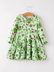 Winter Christmas Character Print  Green Girls Dress