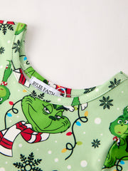 Winter Christmas Character Print  Green Girls Dress