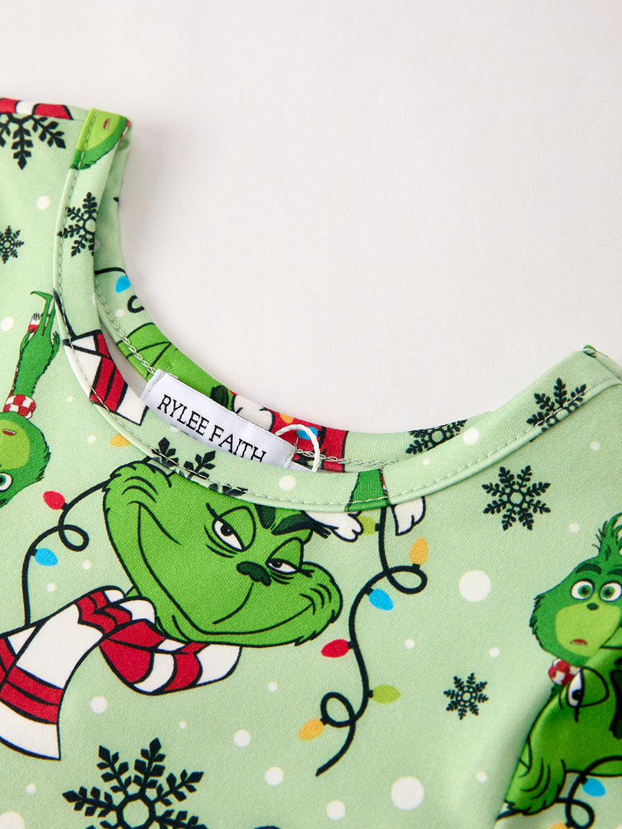 Winter Christmas Character Print  Green Girls Dress