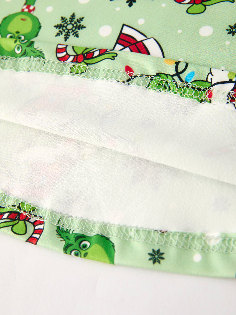 Winter Christmas Character Print  Green Girls Dress