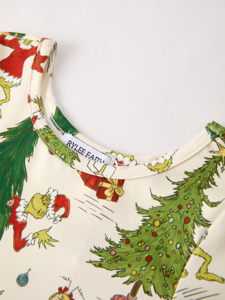 Winter Christmas Tree Character Print  Green Girls Dress