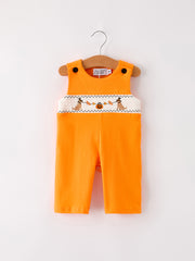 Fall Halloween Orange Embroidery Smocking Baby Boys Romper