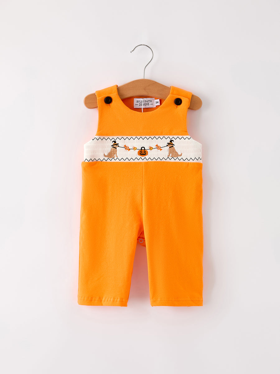 Fall Halloween Orange Embroidery Smocking Baby Boys Romper