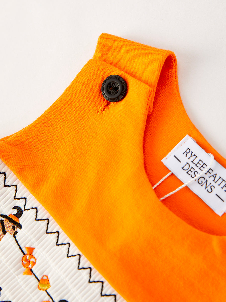 Fall Halloween Orange Embroidery Smocking Baby Boys Romper