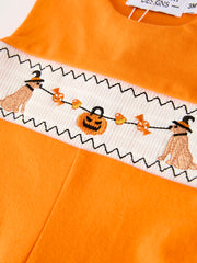 Fall Halloween Orange Embroidery Smocking Baby Boys Romper