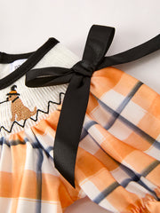 Fall Halloween Orange Embroidery Smocking Plaid Bow Baby Girls Romper