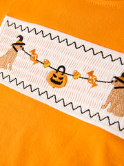 Fall Halloween Orange Embroidery Smocking Boys Set