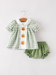 PREORDER Fall Halloween & Thanksgiving Applique Plaid Girls Bloomers Romper Set