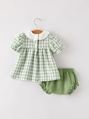 PREORDER Fall Halloween & Thanksgiving Applique Plaid Girls Bloomers Romper Set