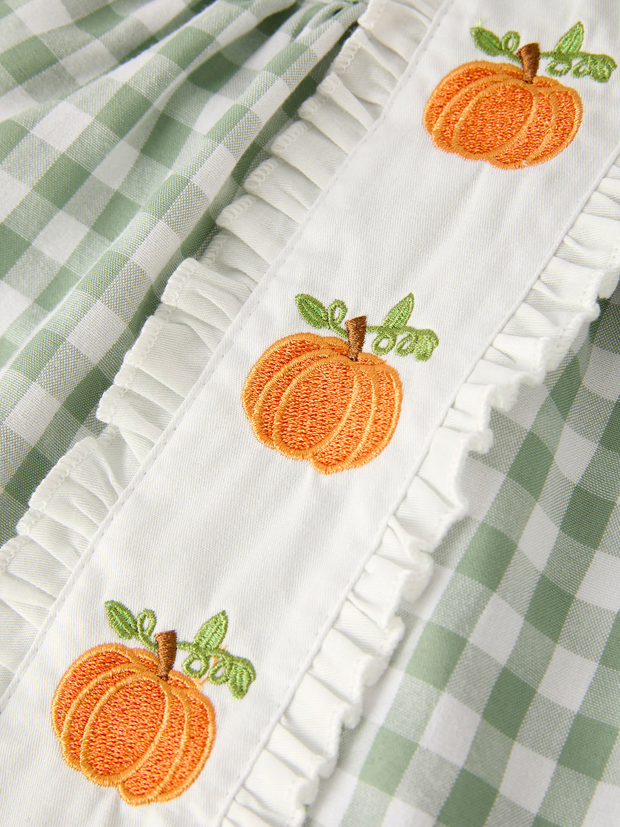 PREORDER Fall Halloween & Thanksgiving Applique Plaid Girls Bloomers Romper Set