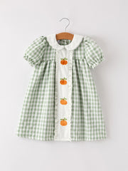 PREORDER Fall Halloween & Thanksgiving Pumpkin Applique Plaid Green Girls Dress