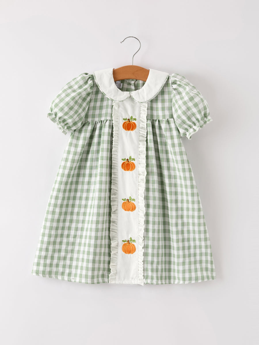 PREORDER Fall Halloween & Thanksgiving Pumpkin Applique Plaid Green Girls Dress