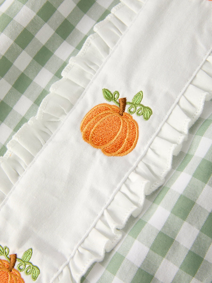 PREORDER Fall Halloween & Thanksgiving Pumpkin Applique Plaid Green Girls Dress