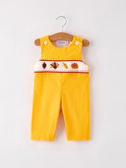 Fall Halloween & Thanksgiving Turkey Nuts Smock Embroidered Yellow Boys Romper