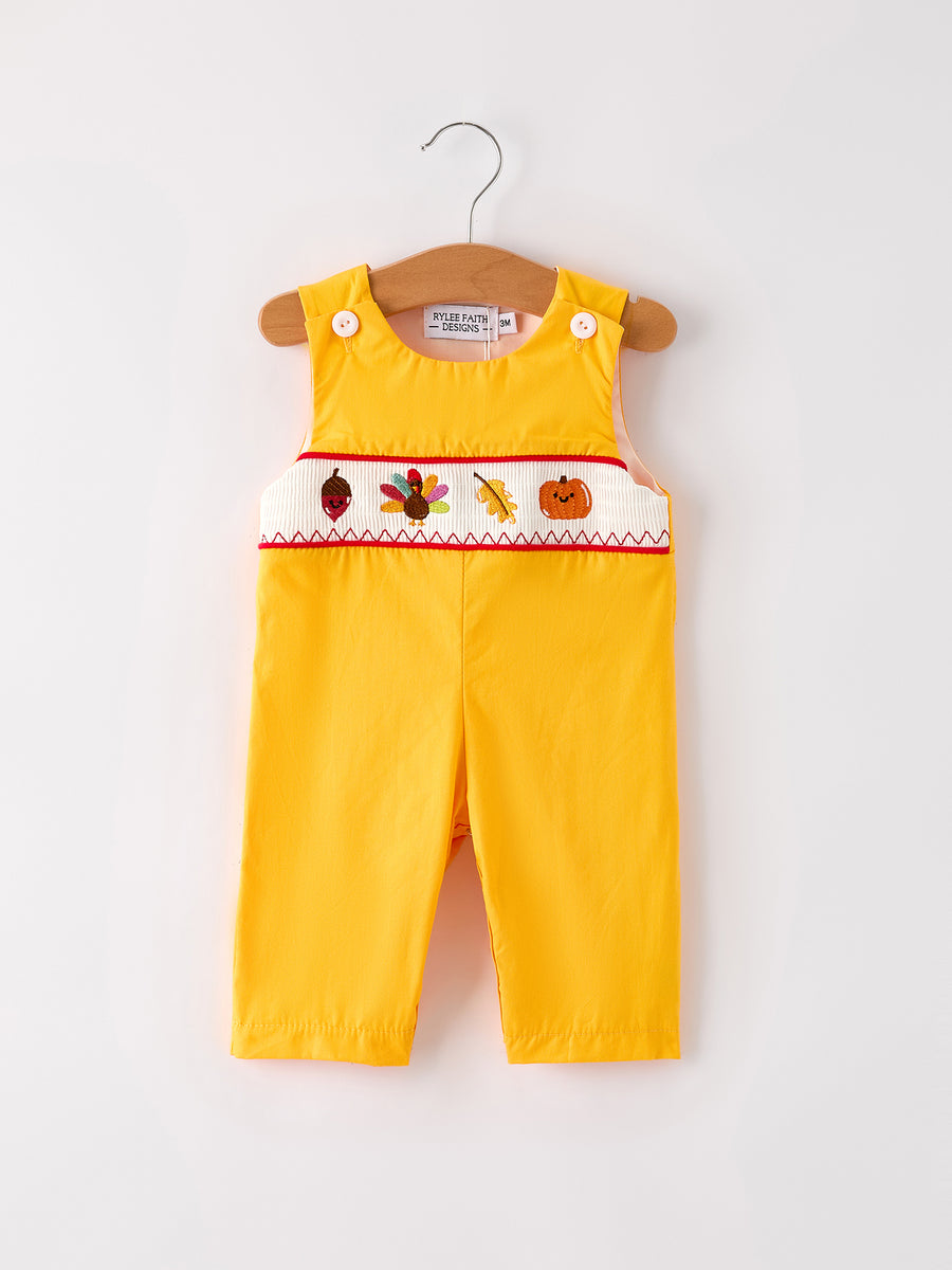 Fall Halloween & Thanksgiving Turkey Nuts Smock Embroidered Yellow Boys Romper