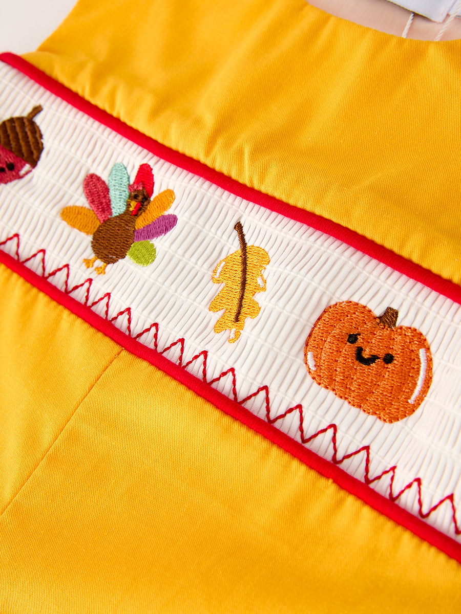 Fall Halloween & Thanksgiving Turkey Nuts Smock Embroidered Yellow Boys Romper