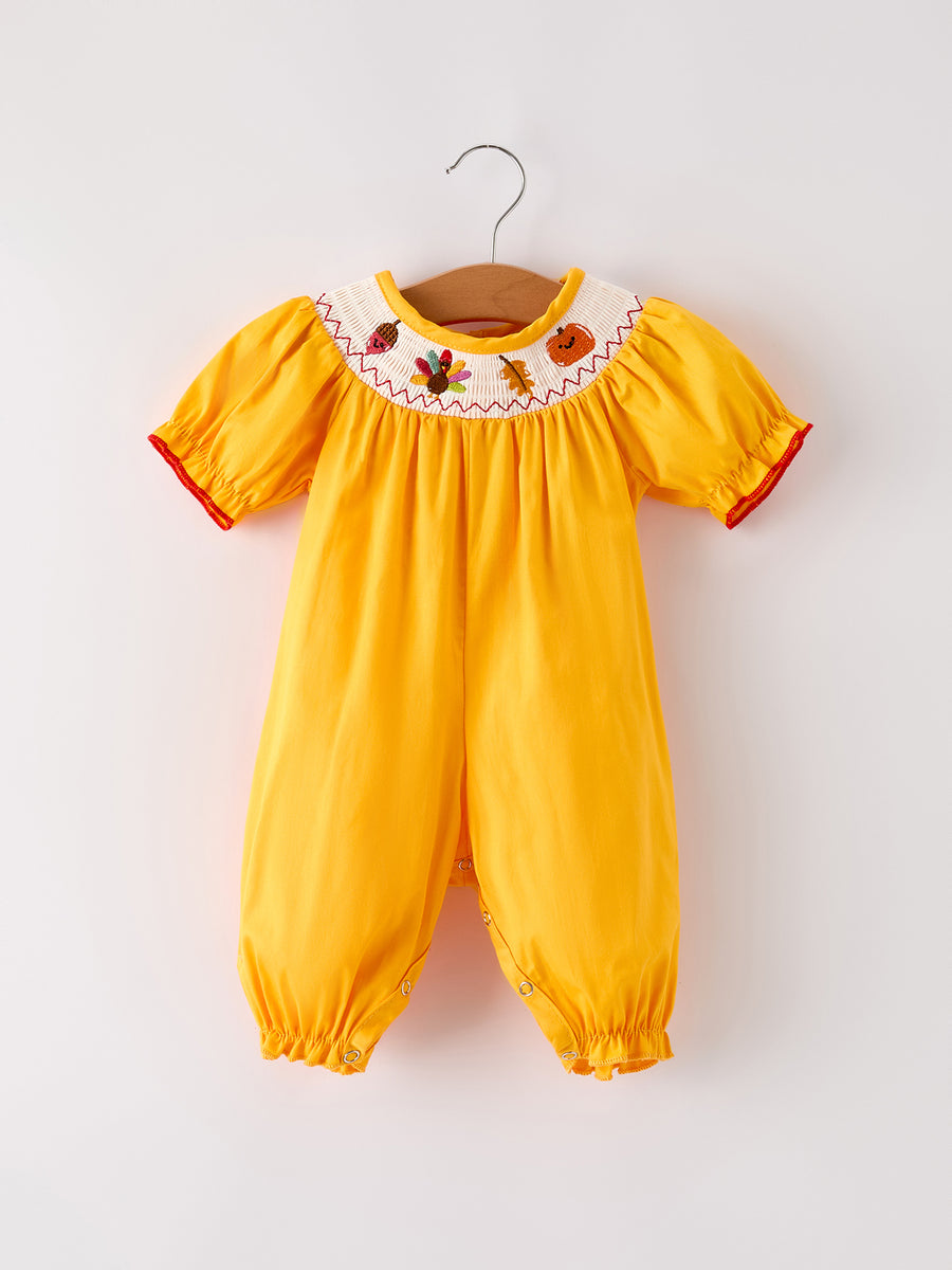 Fall Halloween & Thanksgiving Turkey Nuts Smock Embroidered Yellow Baby Girl Romper