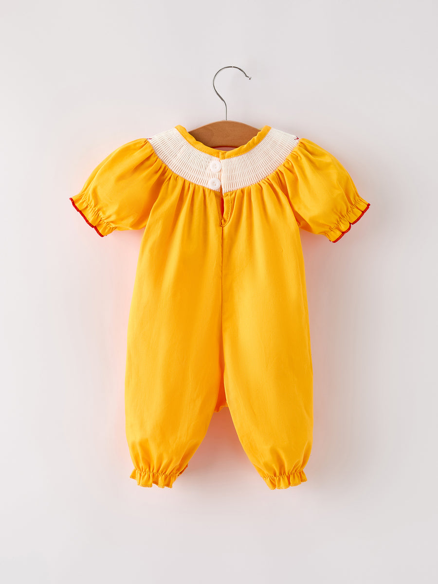 Fall Halloween & Thanksgiving Turkey Nuts Smock Embroidered Yellow Baby Girl Romper