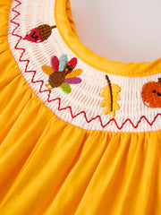 Fall Halloween & Thanksgiving Turkey Nuts Smock Embroidered Yellow Baby Girl Romper