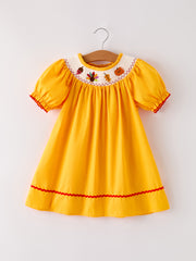 Fall Halloween & Thanksgiving Turkey Nuts Smock Embroidered Yellow Girls Dress