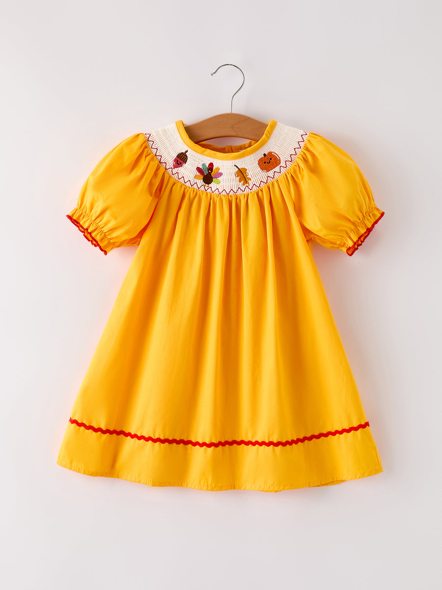 Fall Halloween & Thanksgiving Turkey Nuts Smock Embroidered Yellow Girls Dress