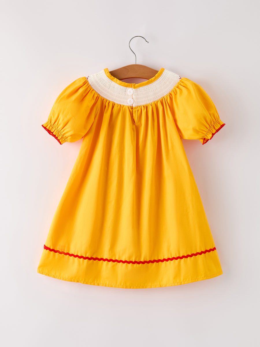 Fall Halloween & Thanksgiving Turkey Nuts Smock Embroidered Yellow Girls Dress