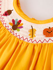 Fall Halloween & Thanksgiving Turkey Nuts Smock Embroidered Yellow Girls Dress