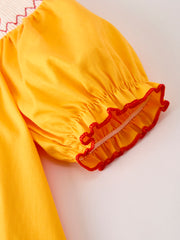 Fall Halloween & Thanksgiving Turkey Nuts Smock Embroidered Yellow Girls Dress