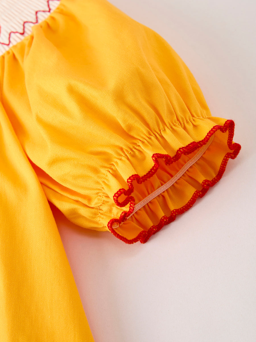 Fall Halloween & Thanksgiving Turkey Nuts Smock Embroidered Yellow Girls Dress