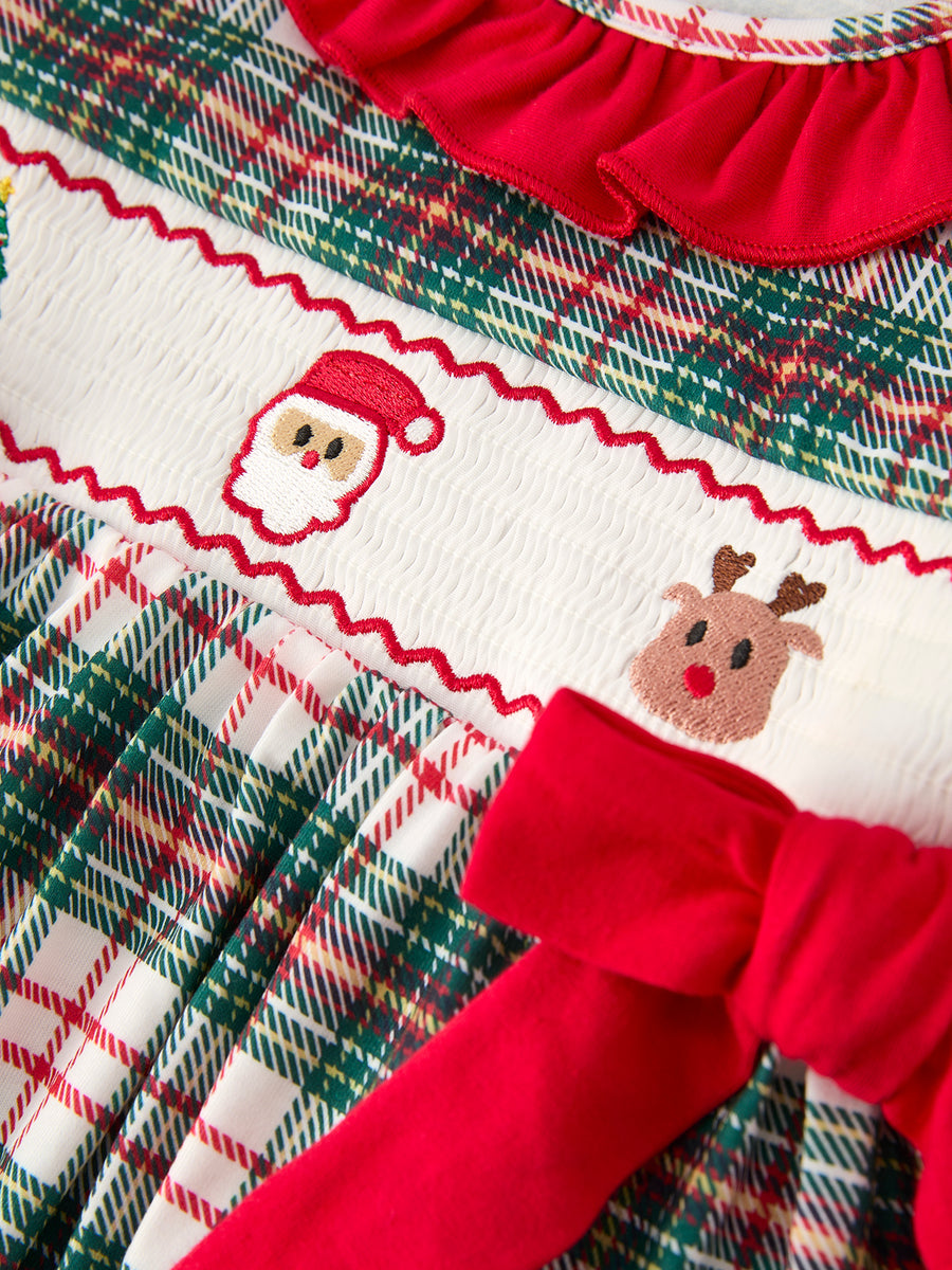 PREORDER Christmas Embroidery Smocking Bow Plaid Girls Dress
