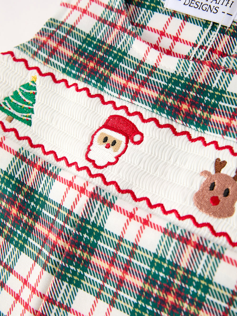 PREORDER Christmas Jonjon Plaid Smocking Embroidered Boys Romper