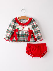 PREORDER Christmas Plaid Smocking Embroidered Girls Bloomers Romper Set