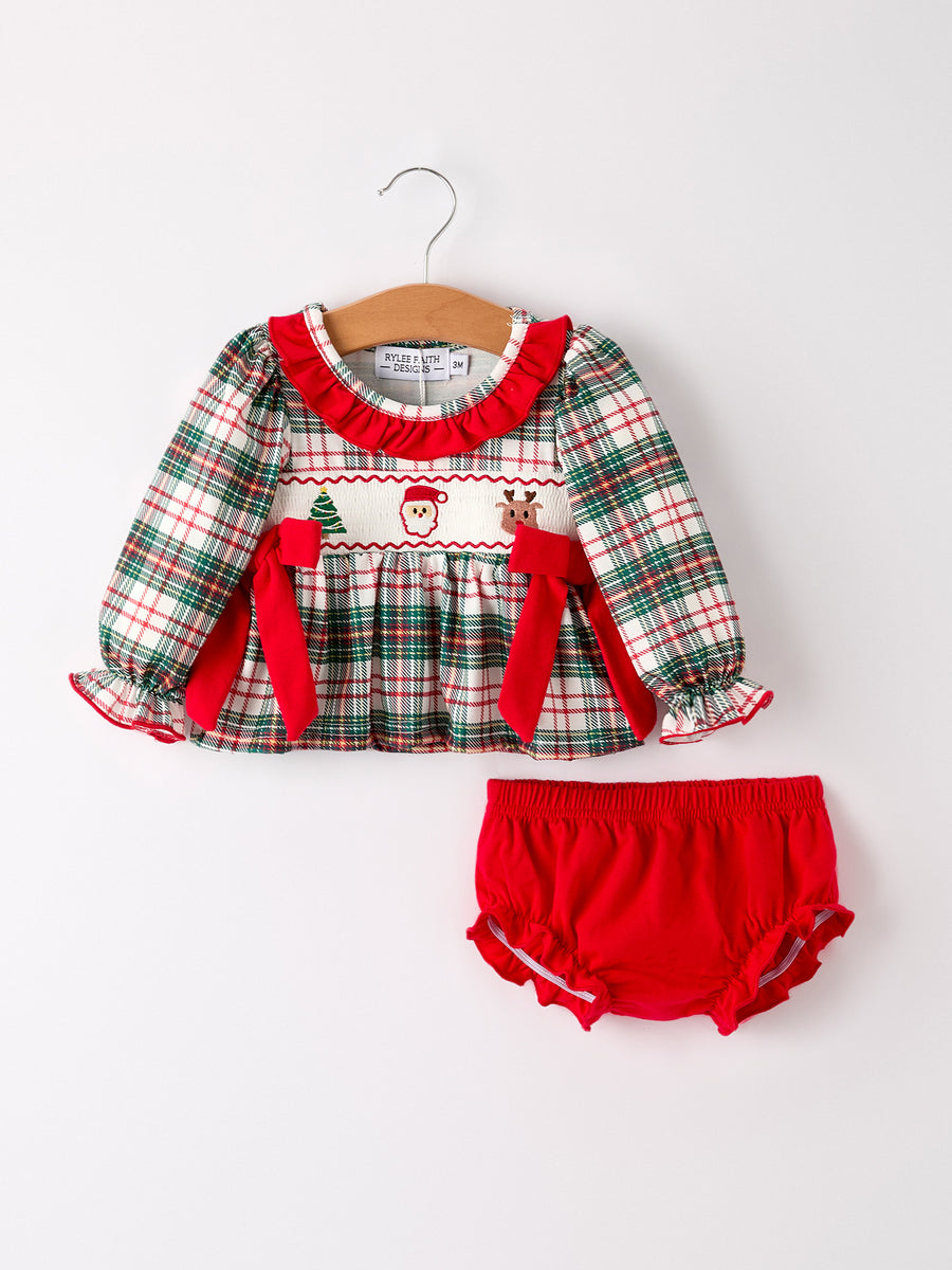 PREORDER Christmas Plaid Smocking Embroidered Girls Bloomers Romper Set