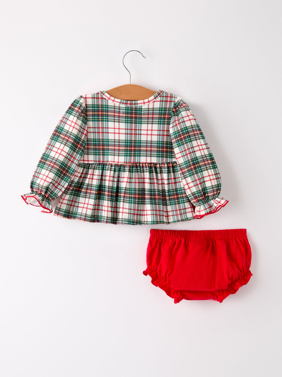 PREORDER Christmas Plaid Smocking Embroidered Girls Bloomers Romper Set