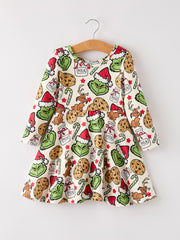 Winter Christmas Character Cookie Print Girls Dress