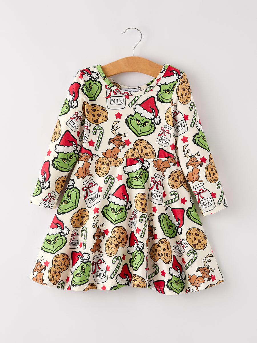 Winter Christmas Character Cookie Print Girls Dress