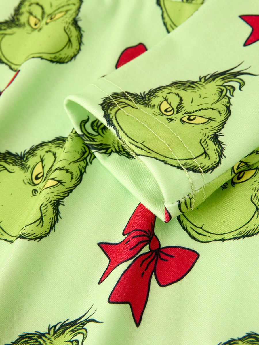 Winter Christmas Tree Bow Character Print  Green Girls Dress