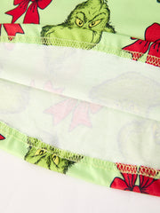 Winter Christmas Tree Bow Character Print  Green Girls Dress