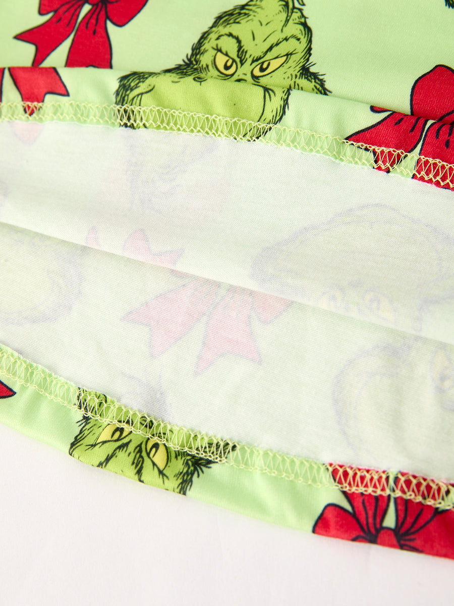 Winter Christmas Tree Bow Character Print  Green Girls Dress