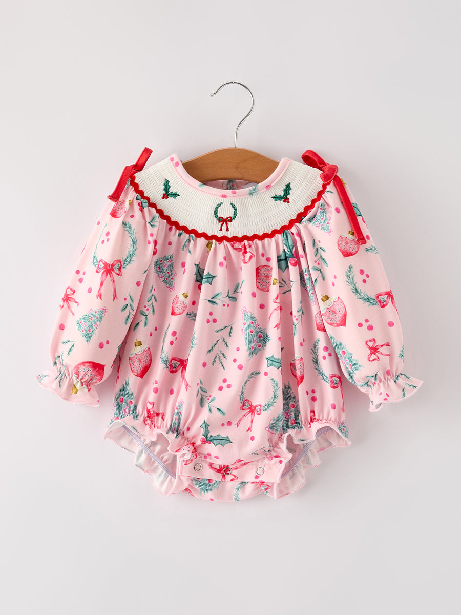 Winter Christmas Smocking Embroidery Colorful Girls Romper