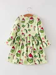 Winter Christmas Candy Cane Character Print  Green Girls Dress