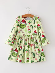 Winter Christmas Candy Cane Character Print  Green Girls Dress