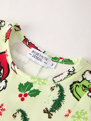 Winter Christmas Candy Cane Character Print  Green Girls Dress