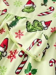 Winter Christmas Candy Cane Character Print  Green Girls Dress