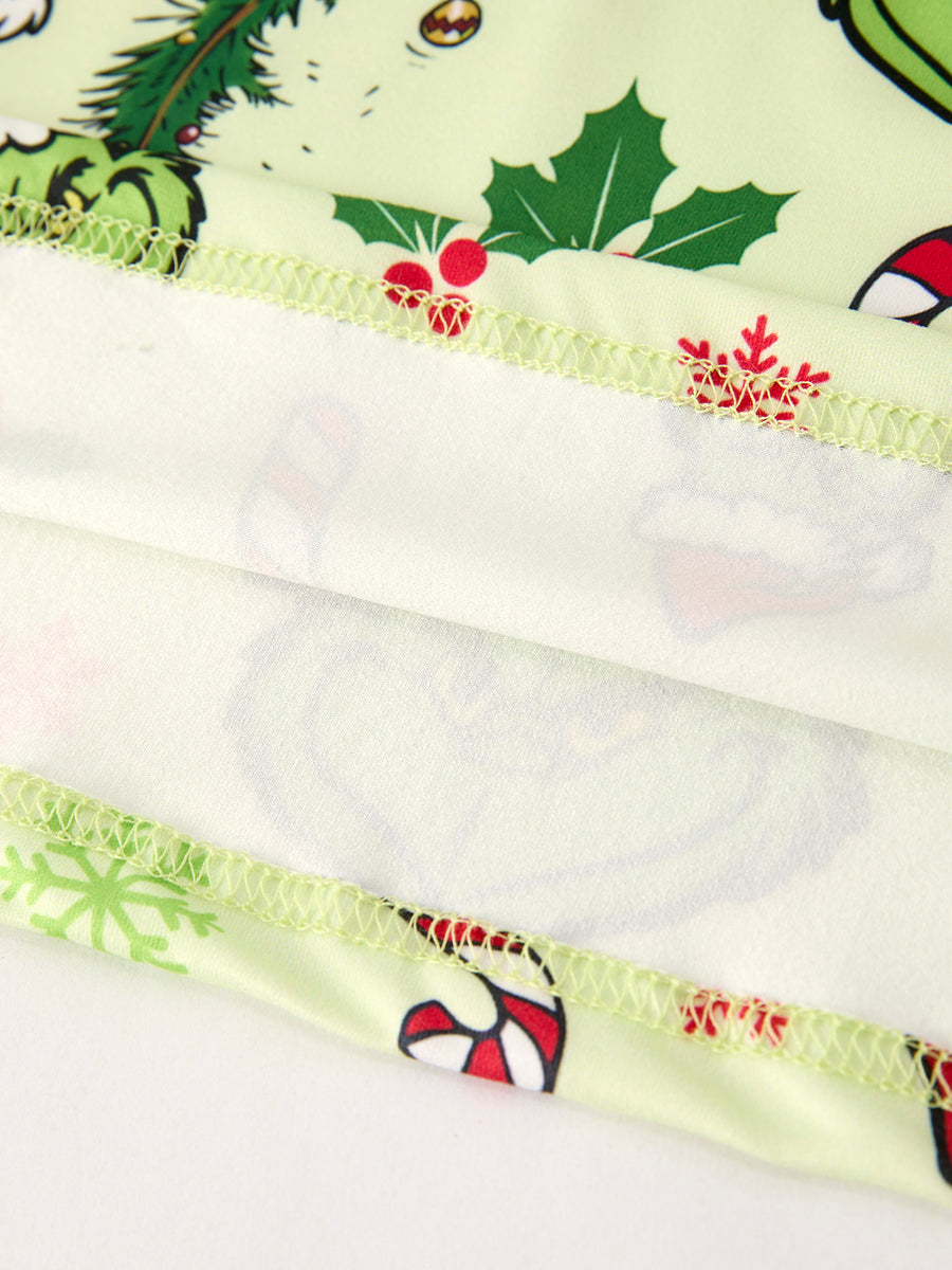 Winter Christmas Candy Cane Character Print  Green Girls Dress