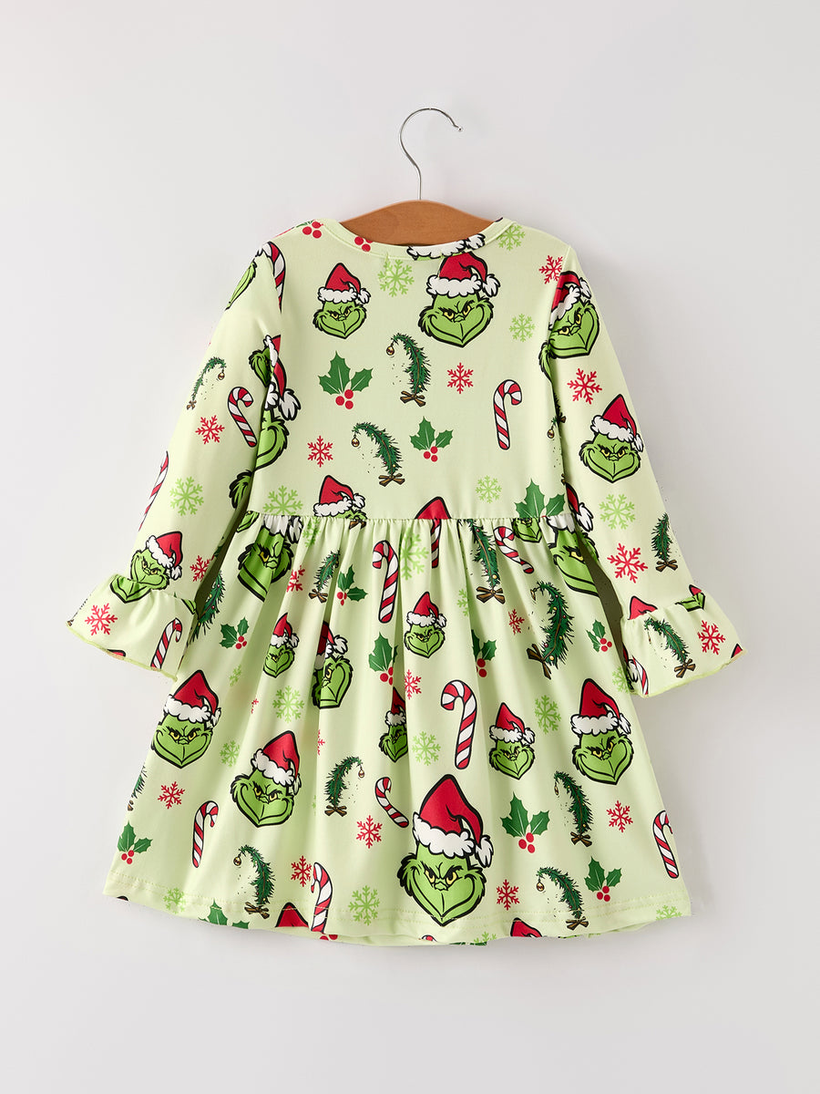 Winter Christmas Candy Cane Character Print  Green Girls Dress