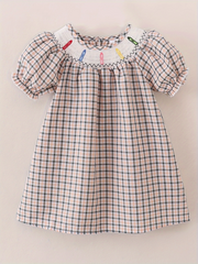 Girls Back to School Smocking Pencil Apple Embroidery Plaid Casual Dress