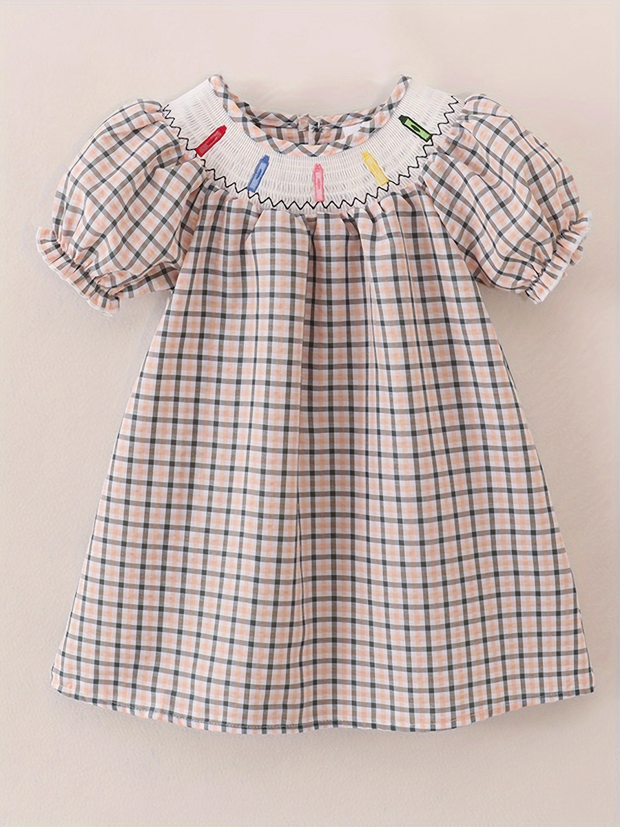 Girls Back to School Smocking Pencil Apple Embroidery Plaid Casual Dress