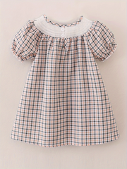 Girls Back to School Smocking Pencil Apple Embroidery Plaid Casual Dress