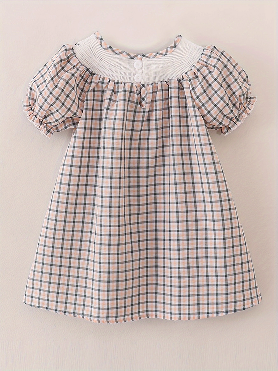 Girls Back to School Smocking Pencil Apple Embroidery Plaid Casual Dress